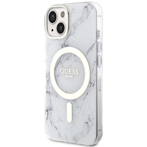 Etui na telefon iPhone 14 Plus / 15 Plus Guess Marble MagSafe białe