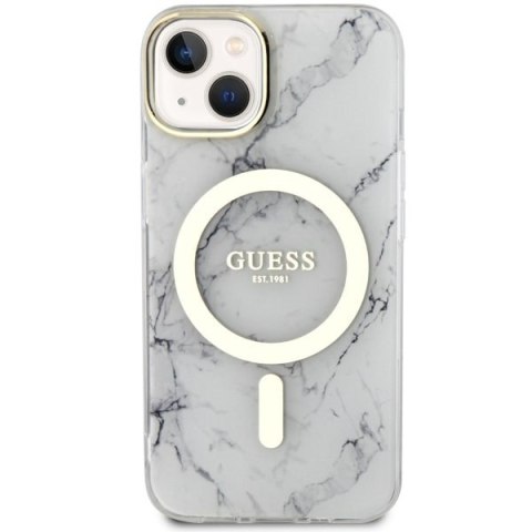 Etui na telefon iPhone 14 Plus / 15 Plus Guess Marble MagSafe białe