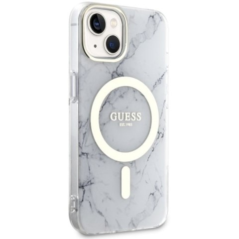 Etui na telefon iPhone 14 Plus / 15 Plus Guess Marble MagSafe białe