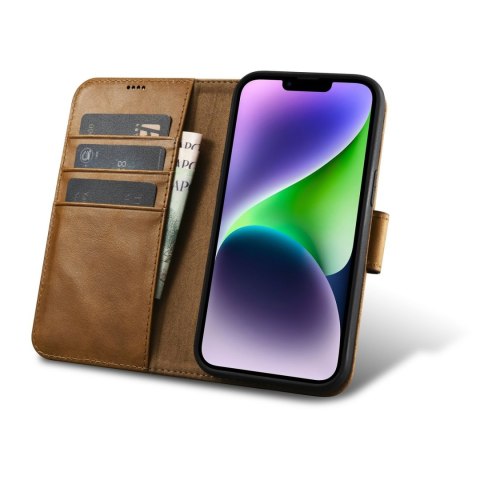 Etui iPhone 14 Plus / 15 Plus iCarer Oil Wax Wallet Anti-RFID 2in1 jasnobrązowe