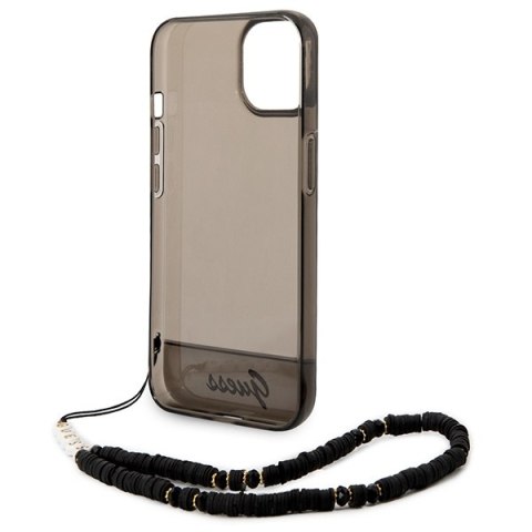 Etui na telefon iPhone 14 Guess czarne hardcase z paskiem Translucent Pearl