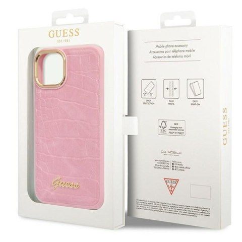 Etui na telefon iPhone 14 Guess różowe hardcase Croco Collection