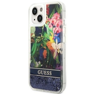 Etui na telefon iPhone 14 Guess niebieskie hardcase Flower Glitter