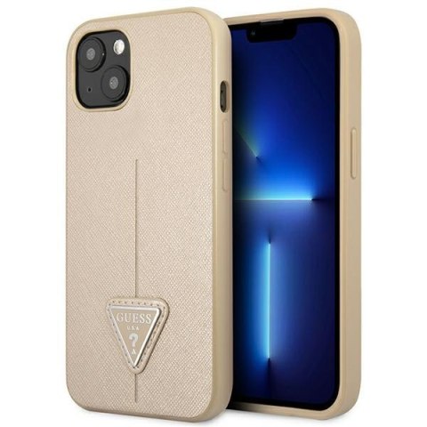 Etui na telefon iPhone 14 Guess beżowe Saffiano Triangle Logo