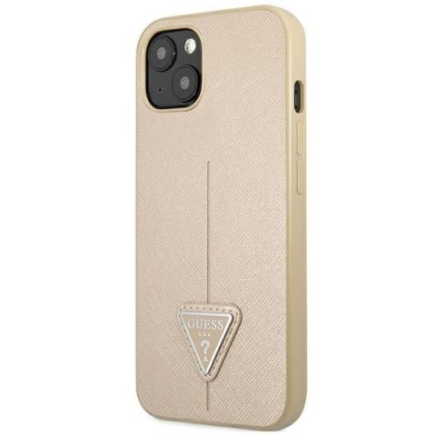 Etui na telefon iPhone 14 Guess beżowe Saffiano Triangle Logo