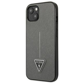 Etui na telefon iPhone 14 Guess srebrne hardcase Saffiano Triangle Logo