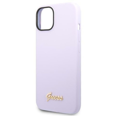 Etui na telefon iPhone 14 Guess fioletowe silikonowe z logo Gold