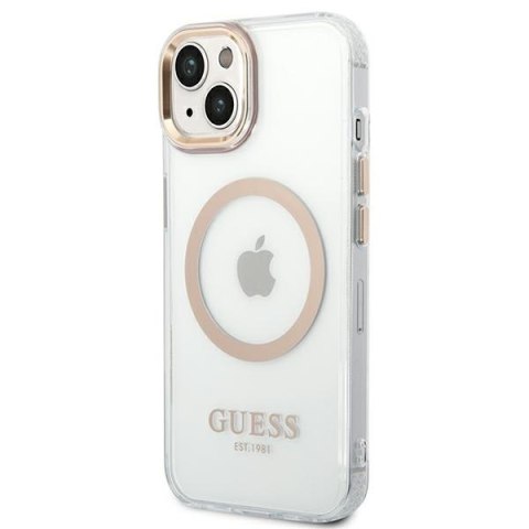 Etui na telefon iPhone 14 Guess Metal Outline MagSafe złote