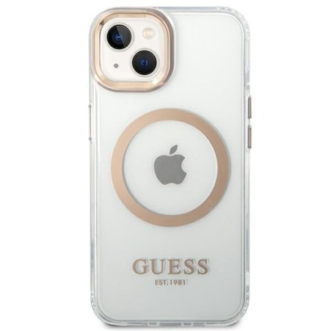 Etui na telefon iPhone 14 Guess Metal Outline MagSafe złote