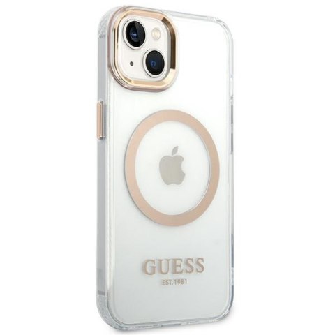 Etui na telefon iPhone 14 Guess Metal Outline MagSafe złote