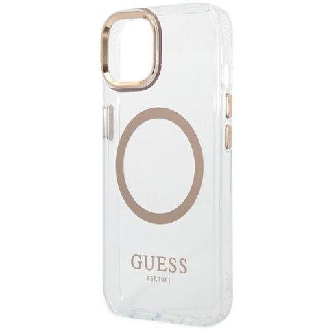 Etui na telefon iPhone 14 Guess Metal Outline MagSafe złote