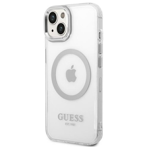 Etui na telefon iPhone 14 Guess Metal Outline MagSafe srebrne