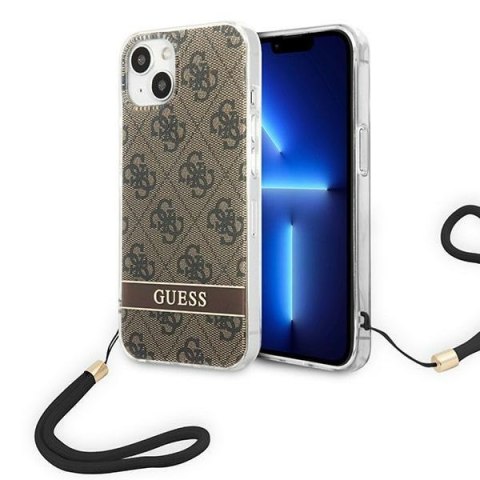 Etui na telefon iPhone 14 Guess 4G Print Strap brązowe modne akcesoria