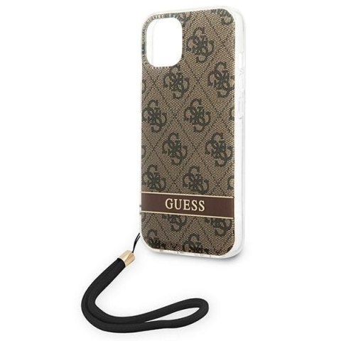 Etui na telefon iPhone 14 Guess 4G Print Strap brązowe modne akcesoria