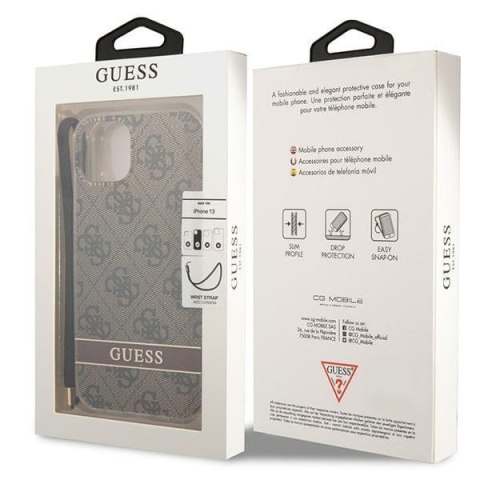 Etui na telefon iPhone 14 Guess 4G Print Strap brązowe modne akcesoria