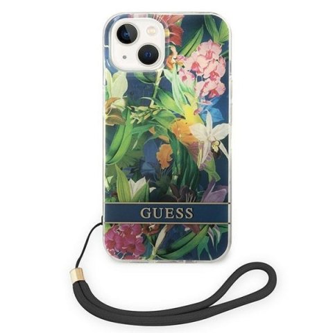 Etui na telefon iPhone 14 Guess Flower Strap niebieskie - stylowe i funkcjonalne