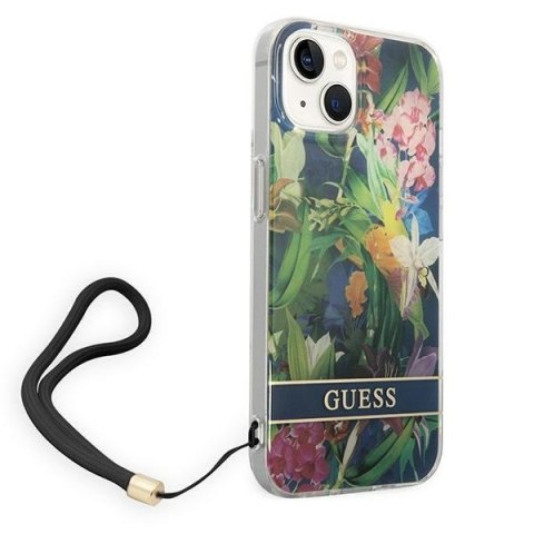 Etui na telefon iPhone 14 Guess Flower Strap niebieskie - stylowe i funkcjonalne