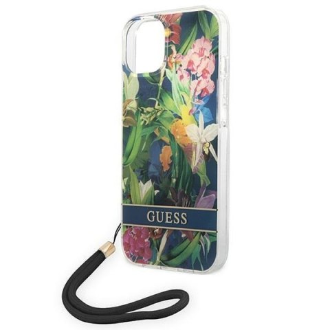 Etui na telefon iPhone 14 Guess Flower Strap niebieskie - stylowe i funkcjonalne