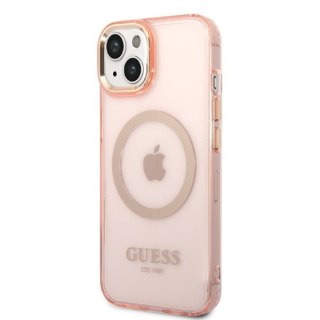 Etui na telefon iPhone 14 Guess Gold Outline MagSafe różowe 透光