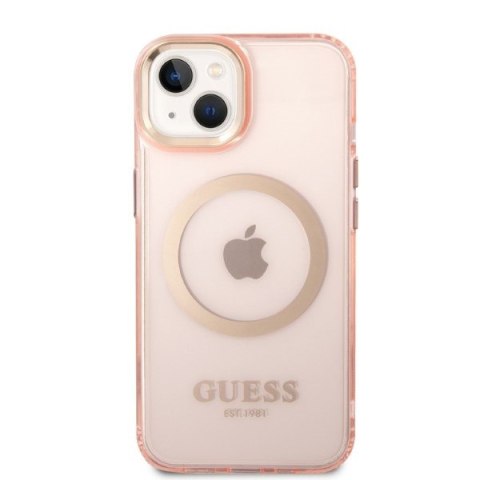 Etui na telefon iPhone 14 Guess Gold Outline MagSafe różowe 透光