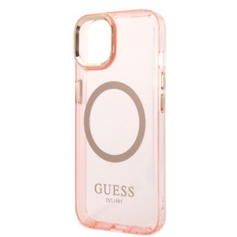 Etui na telefon iPhone 14 Guess Gold Outline MagSafe różowe 透光