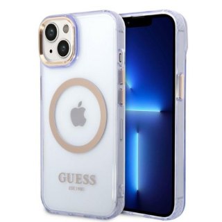 Etui na telefon iPhone 14 Guess Gold Outline MagSafe purpurowe