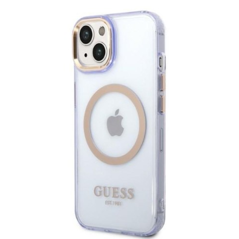 Etui na telefon iPhone 14 Guess Gold Outline MagSafe purpurowe