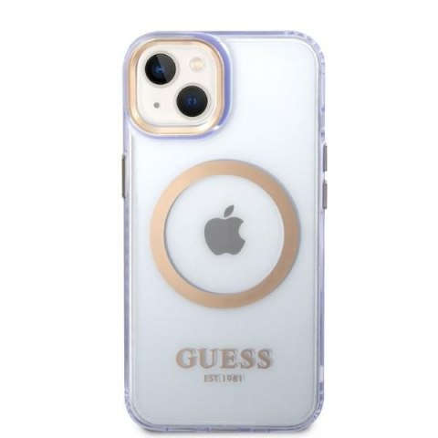 Etui na telefon iPhone 14 Guess Gold Outline MagSafe purpurowe