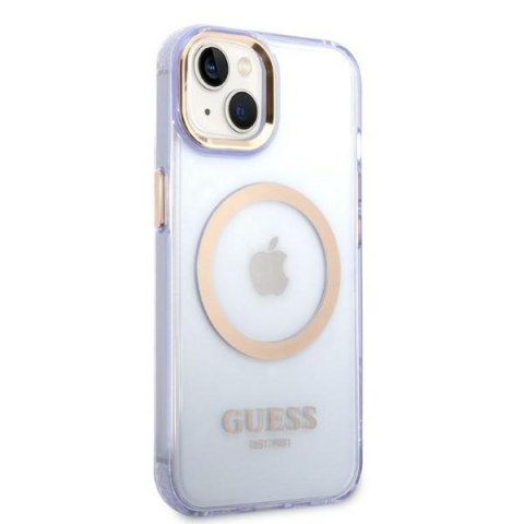 Etui na telefon iPhone 14 Guess Gold Outline MagSafe purpurowe