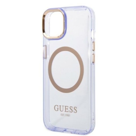 Etui na telefon iPhone 14 Guess Gold Outline MagSafe purpurowe