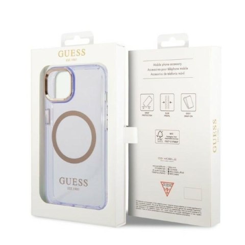 Etui na telefon iPhone 14 Guess Gold Outline MagSafe purpurowe