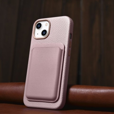 Etui na telefon iPhone 14 iCarer Litchi Premium Leather MagSafe różowe