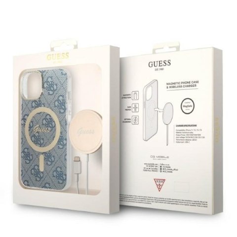 Etui na telefon Apple iPhone 14 Guess 4G MagSafe niebieskie + ładowarka