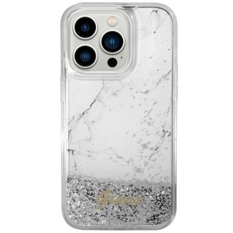 Etui na telefon iPhone 14 Guess białe hardcase Liquid Glitter Marble