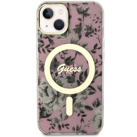 Etui na telefon iPhone 14 Guess Flower MagSafe różowe, stylowe i trwałe