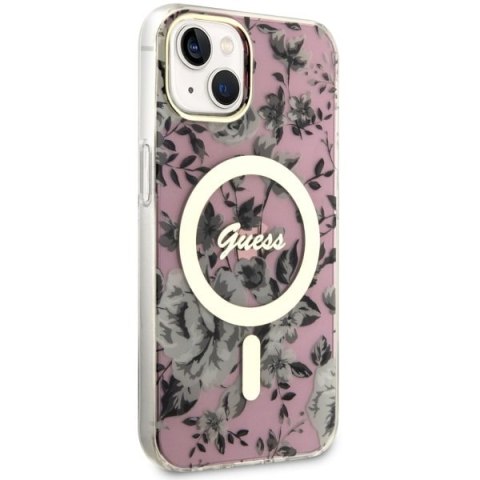 Etui na telefon iPhone 14 Guess Flower MagSafe różowe, stylowe i trwałe