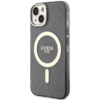 Etui na telefon iPhone 14 Guess Glitter Gold MagSafe czarne