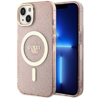 Etui na telefon iPhone 14 Guess Glitter Gold MagSafe różowe