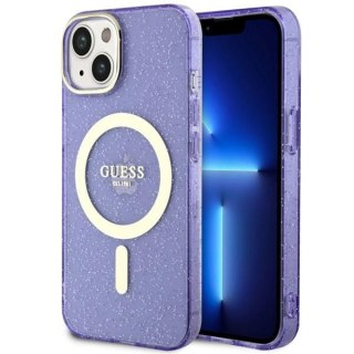 Etui na telefon iPhone 14 Guess Glitter Gold MagSafe purpurowe