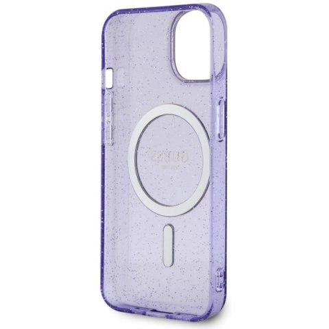 Etui na telefon iPhone 14 Guess Glitter Gold MagSafe purpurowe