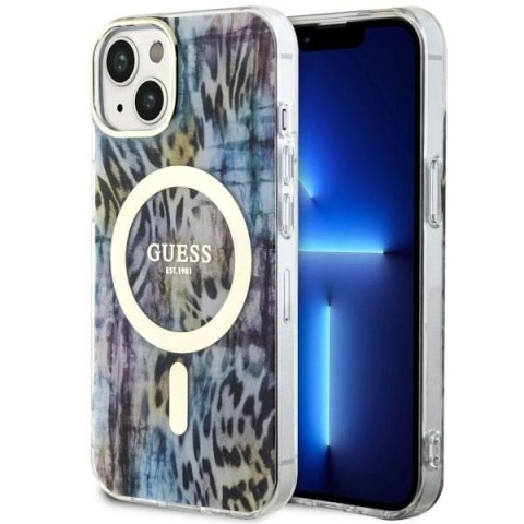 Etui na telefon iPhone 14 Guess Leopard MagSafe niebieskie