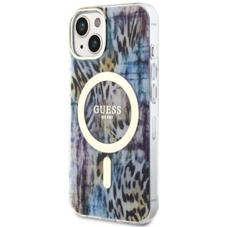 Etui na telefon iPhone 14 Guess Leopard MagSafe niebieskie