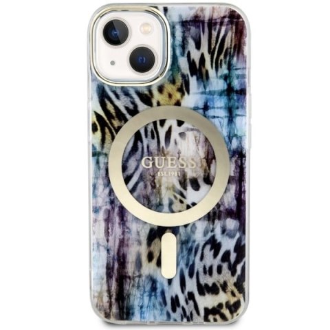 Etui na telefon iPhone 14 Guess Leopard MagSafe niebieskie