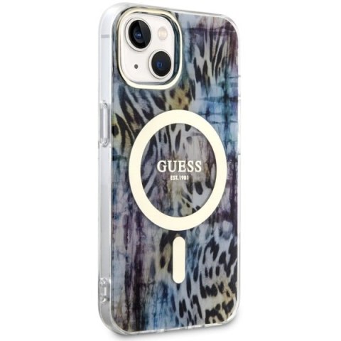 Etui na telefon iPhone 14 Guess Leopard MagSafe niebieskie