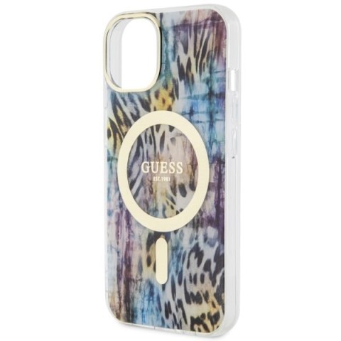 Etui na telefon iPhone 14 Guess Leopard MagSafe niebieskie