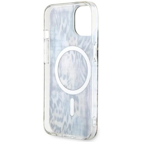 Etui na telefon iPhone 14 Guess Leopard MagSafe niebieskie