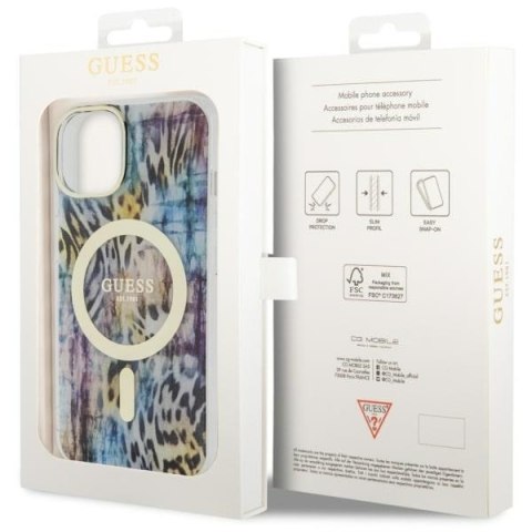 Etui na telefon iPhone 14 Guess Leopard MagSafe niebieskie