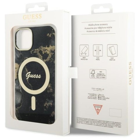 Etui na telefon iPhone 14 Guess Golden Marble MagSafe czarne