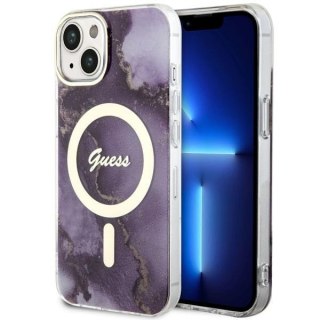 Etui na telefon iPhone 14 Guess Golden Marble MagSafe purpurowe