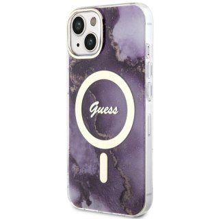 Etui na telefon iPhone 14 Guess Golden Marble MagSafe purpurowe